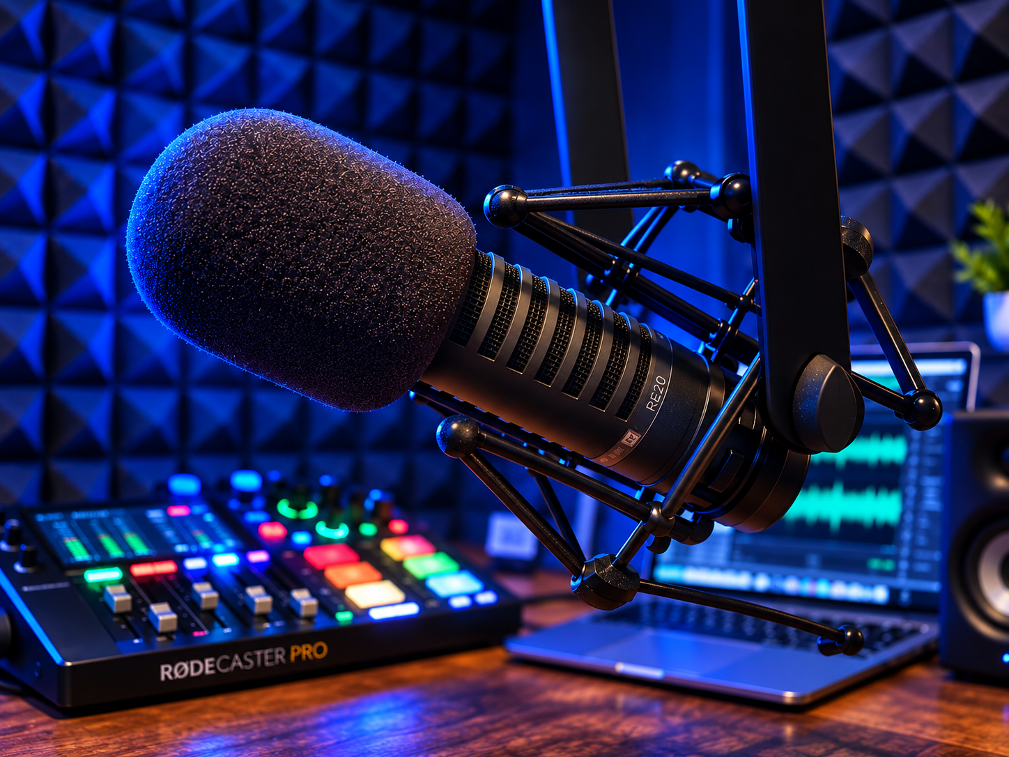 Professional broadcast microphone in a blue-lit voiceover recording studio