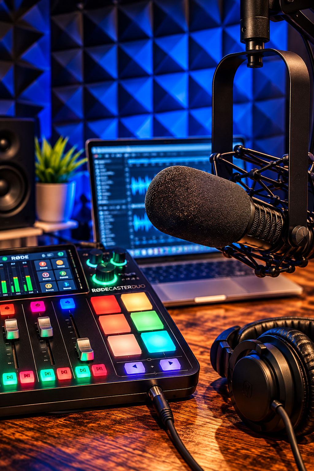 Professional voiceover and audio production studio with microphone, RØDECaster Duo, headphones and Adobe Audition workstation.