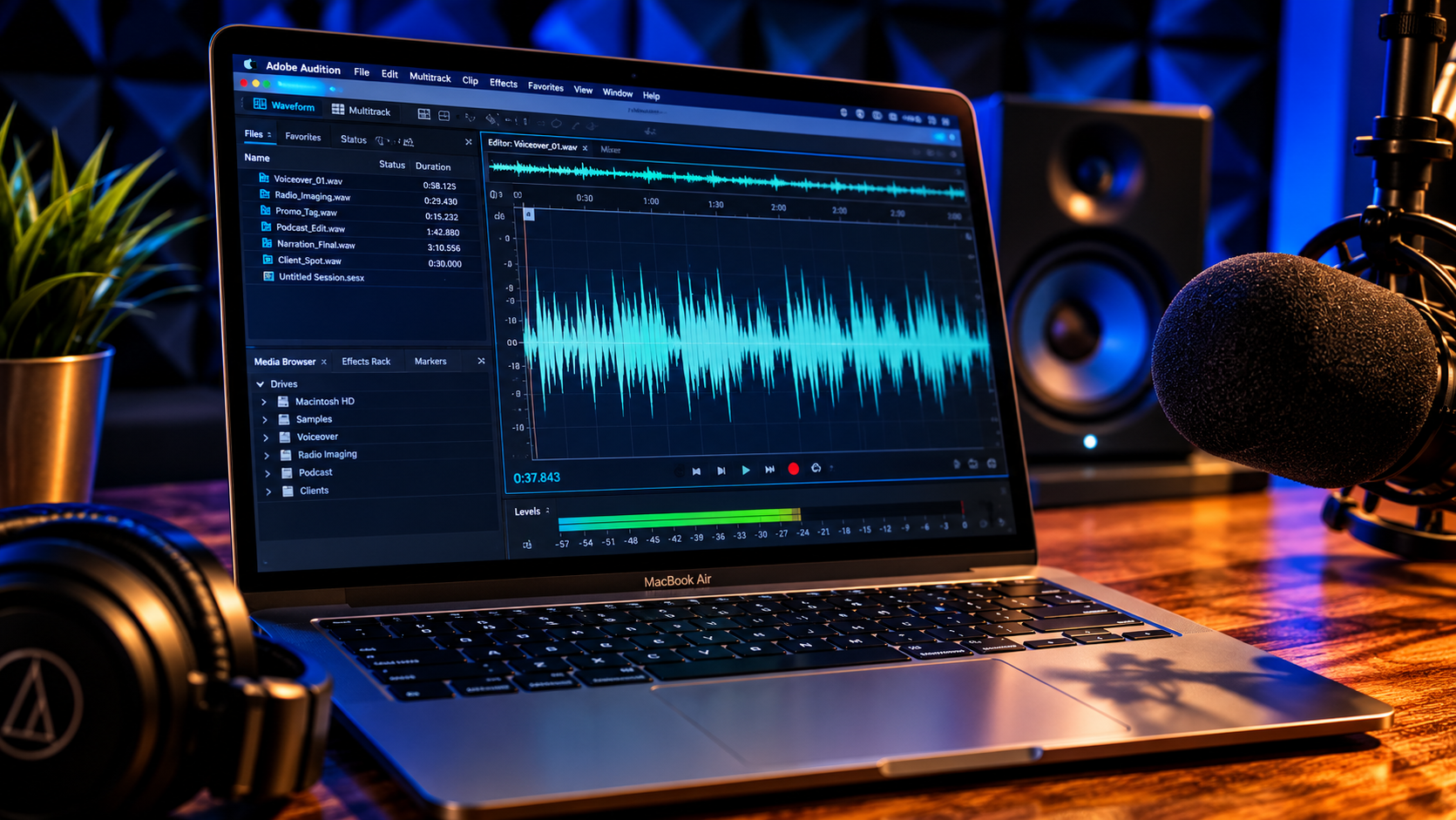 Adobe Audition audio editing workstation used for professional voiceover and audio production.