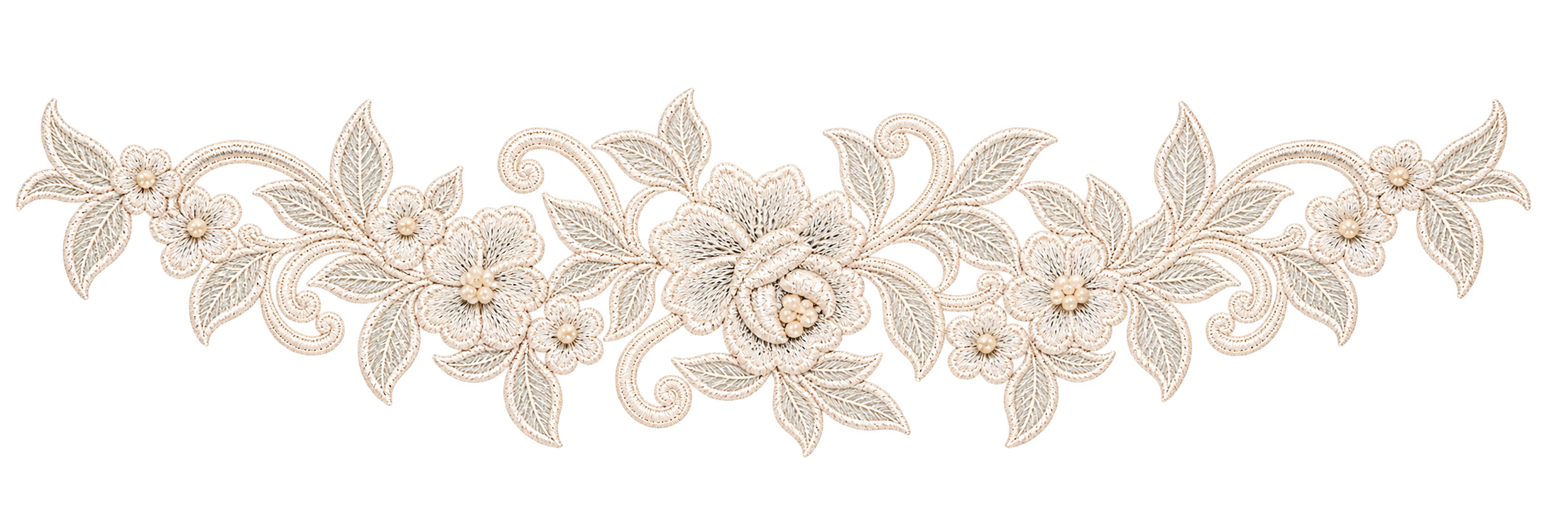 Intricate lace embroidery with floral and leaf patterns, cream-colored, decorated with small pearl accents created for The Bridal Steward.
