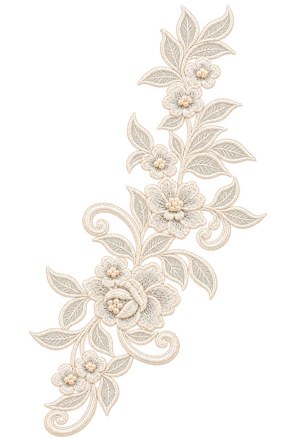 Cream-colored embroidered floral applique with detailed flowers, leaves, and pearl embellishments made for The Bridal Steward.