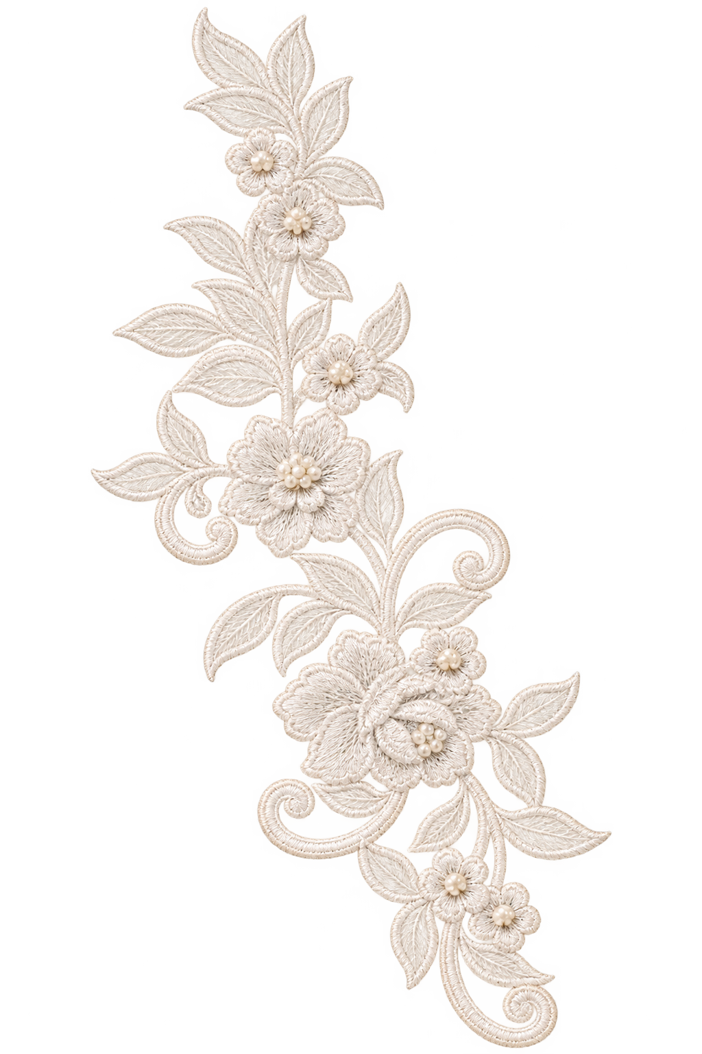 White embroidered floral lace applique with flowers, leaves, and pearl accents made for The Bridal Steward.