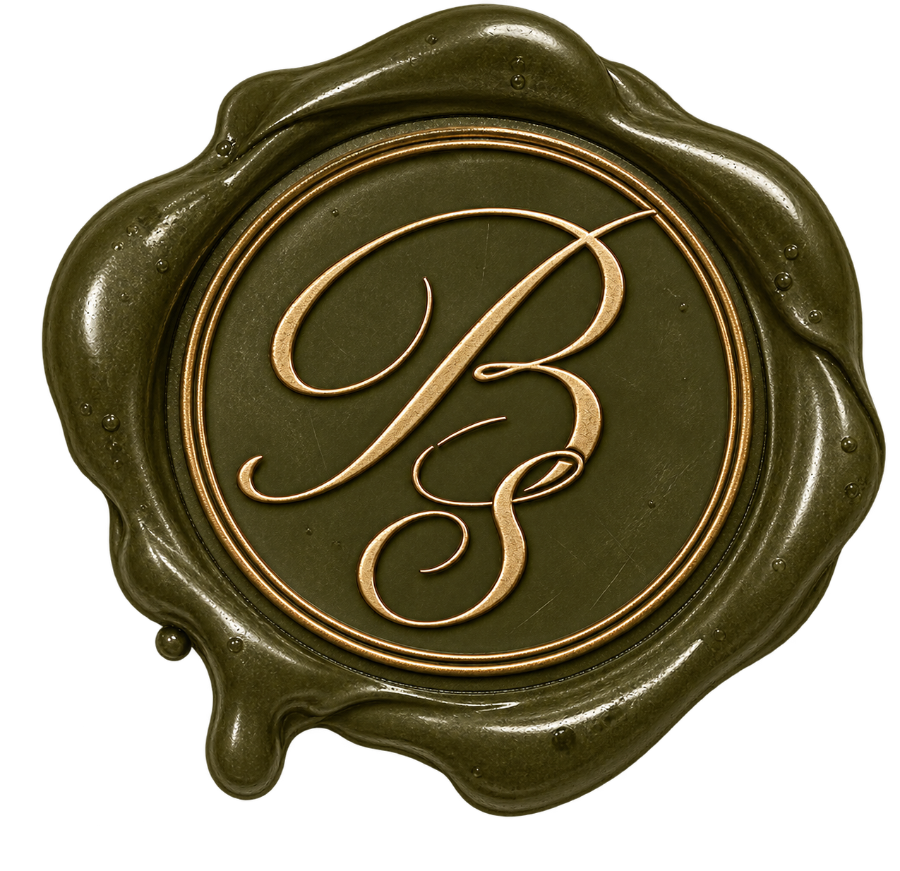 A decorative wax seal with an ornate letter for The Bridal Steward.