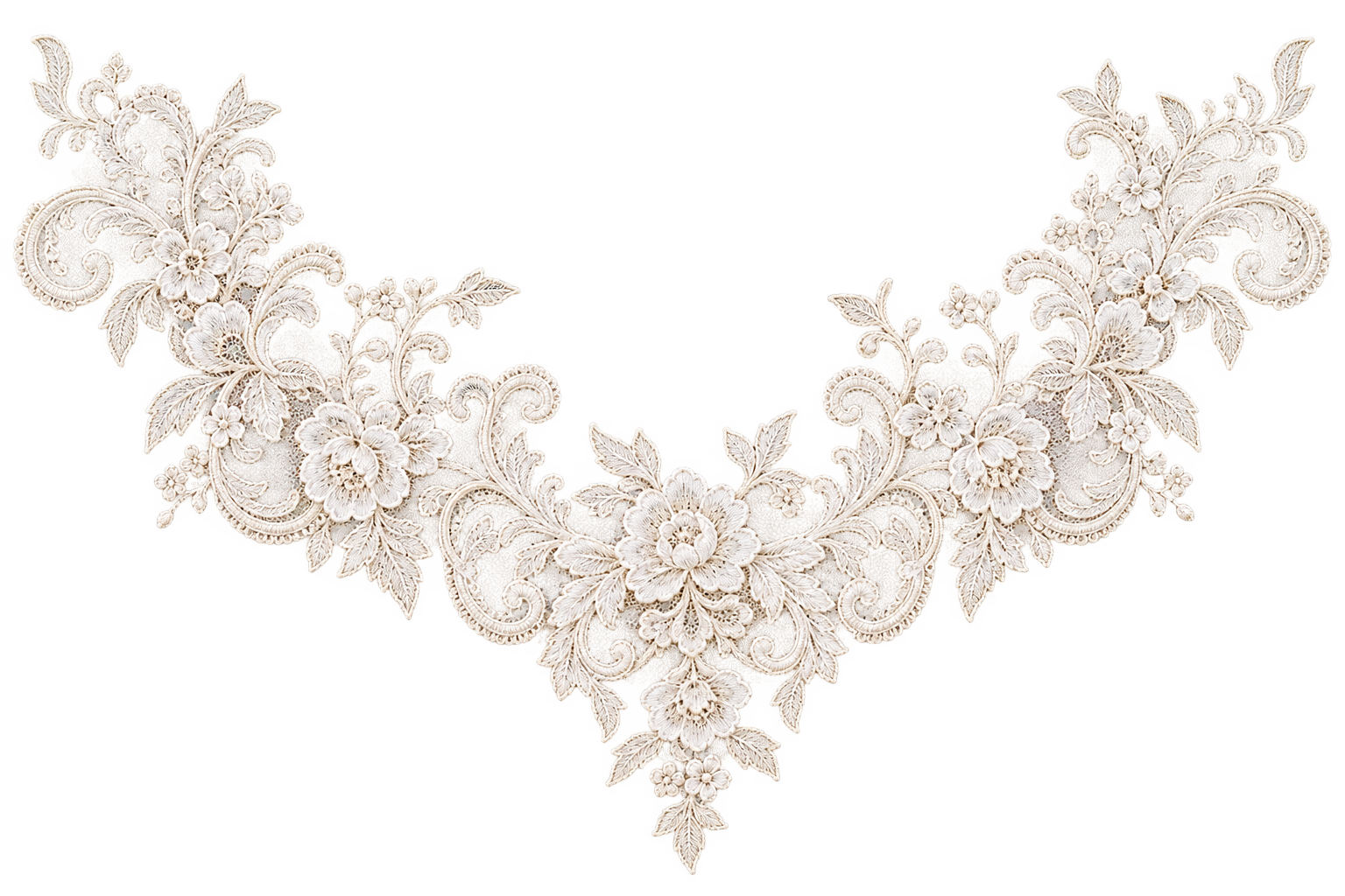 Intricate white lace floral applique with detailed embroidery and beading made for The Bridal Steward.