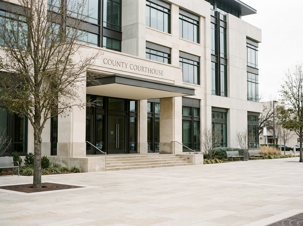 Exterior view of a modern county courthouse with large glass windows and an entrance with stairs, surrounded by trees and benches.