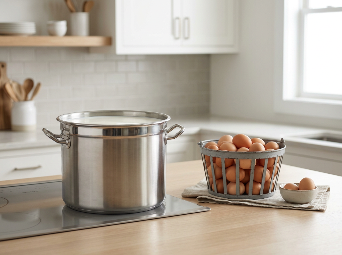 Kitchen with a large stainless steel pot on stove, basket of eggs, and a small bowl of eggs on a wooden countertop.