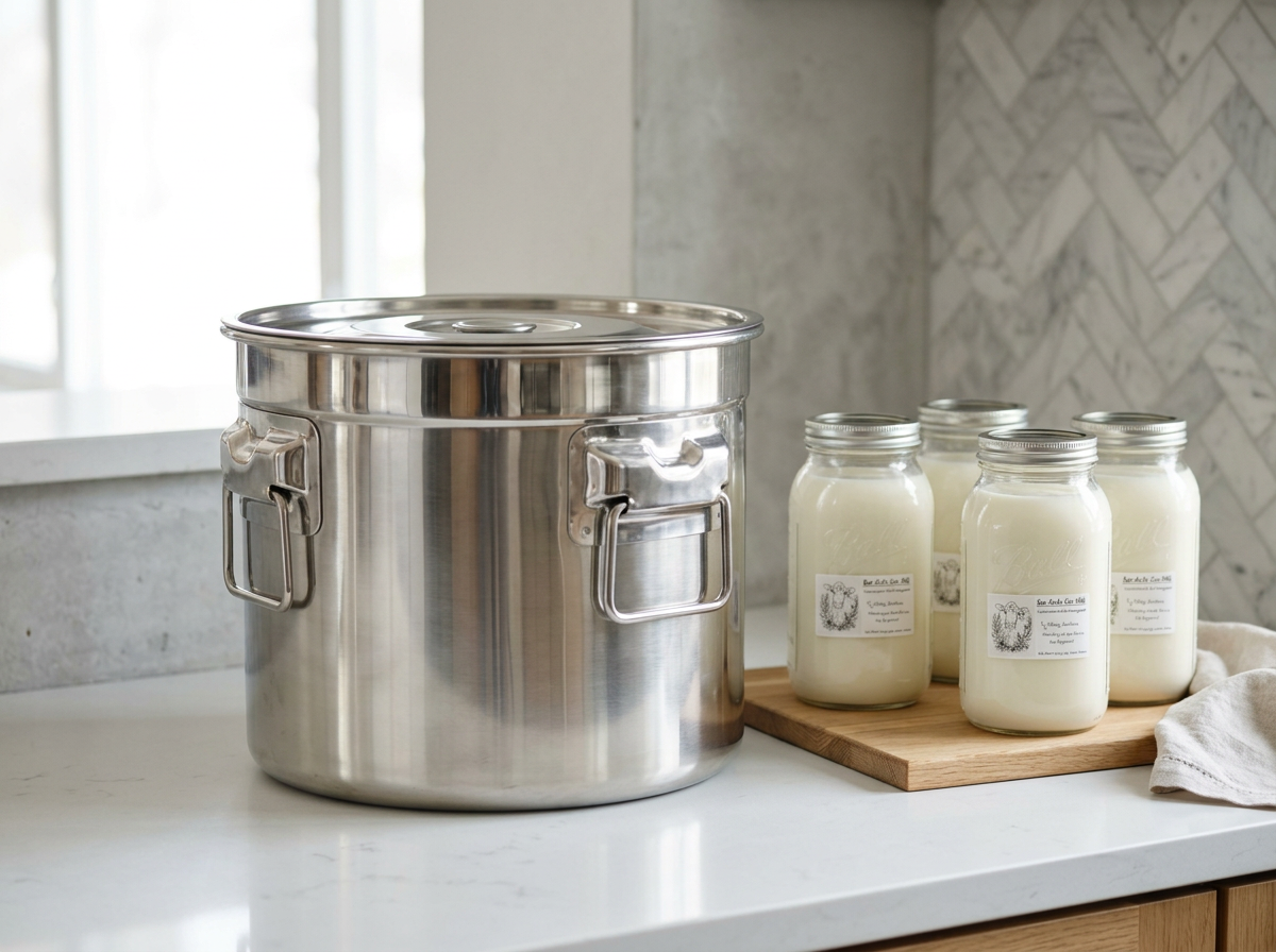 A stainless steel container and several mason jars filled with a white substance on a kitchen counter.