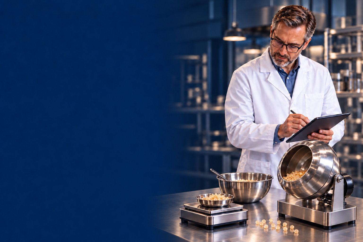 Food scientist reviewing development notes beside a complete stainless-steel coating pan containing amber crystals in a laboratory without plants.
