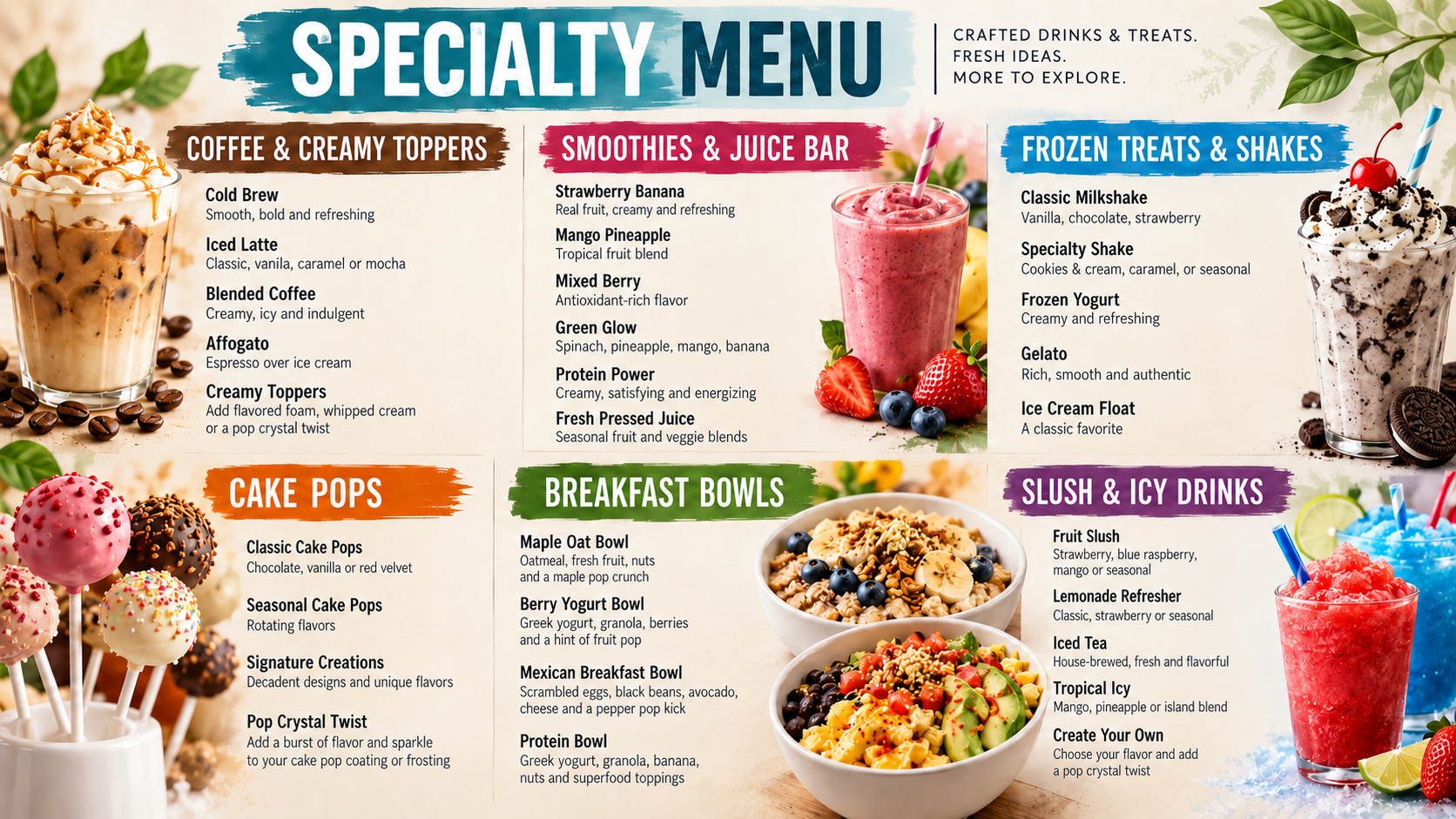 Illustrative specialty menu without prices, featuring coffee, smoothies, frozen treats, cake pops, breakfast bowls, and icy drinks.