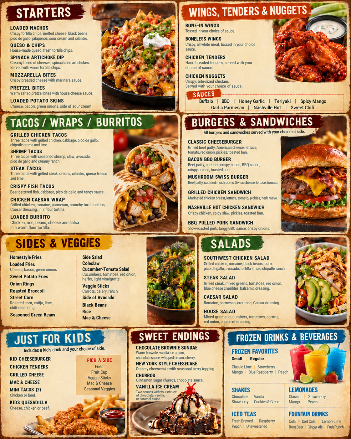 Illustrative restaurant menu without prices, featuring wings, tenders, chicken nuggets, starters, tacos, wraps, a loaded burrito, burgers, salads, desserts and drinks.