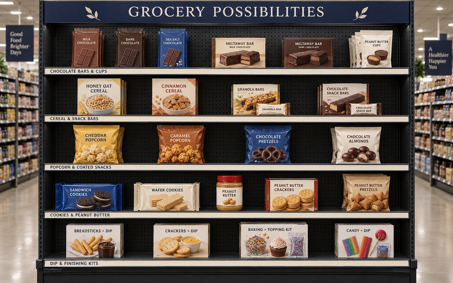 Illustrative dry grocery shelves with generic flat chocolate bars, thick meltaway bars, peanut butter cups, cereal, snack bars, popcorn, coated pretzels and almonds, sandwich and wafer cookies, peanut butter, filled crackers and pretzels, dipping kits, baking toppings, and a small candy dip kit.