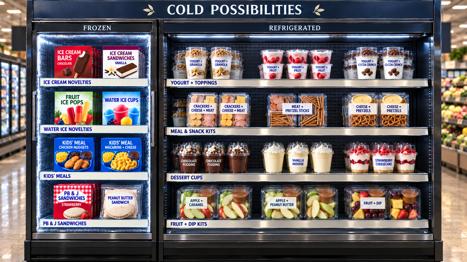 Illustrative frozen and refrigerated grocery display with generic ice cream novelties, water ice, children's meals with corn, peanut butter sandwiches, yogurt with toppings, refrigerated lunch and snack kits, dessert cups, and fruit with dips.