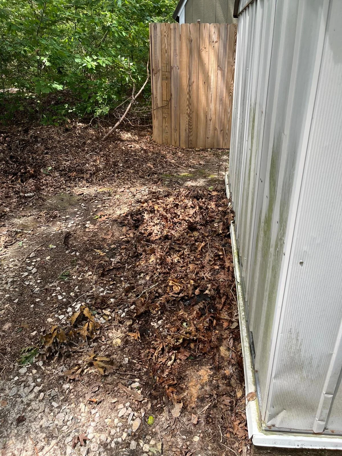 A small outdoor area next to a building with a white metal wall on the right and a wooden fence at the back. The ground is covered with dirt, leaves, and small rocks, with some disturbed soil and scattered debris.