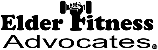 Elder Fitness Advocates logo with text and hand holding a dumbbell for the "F" in Fitness