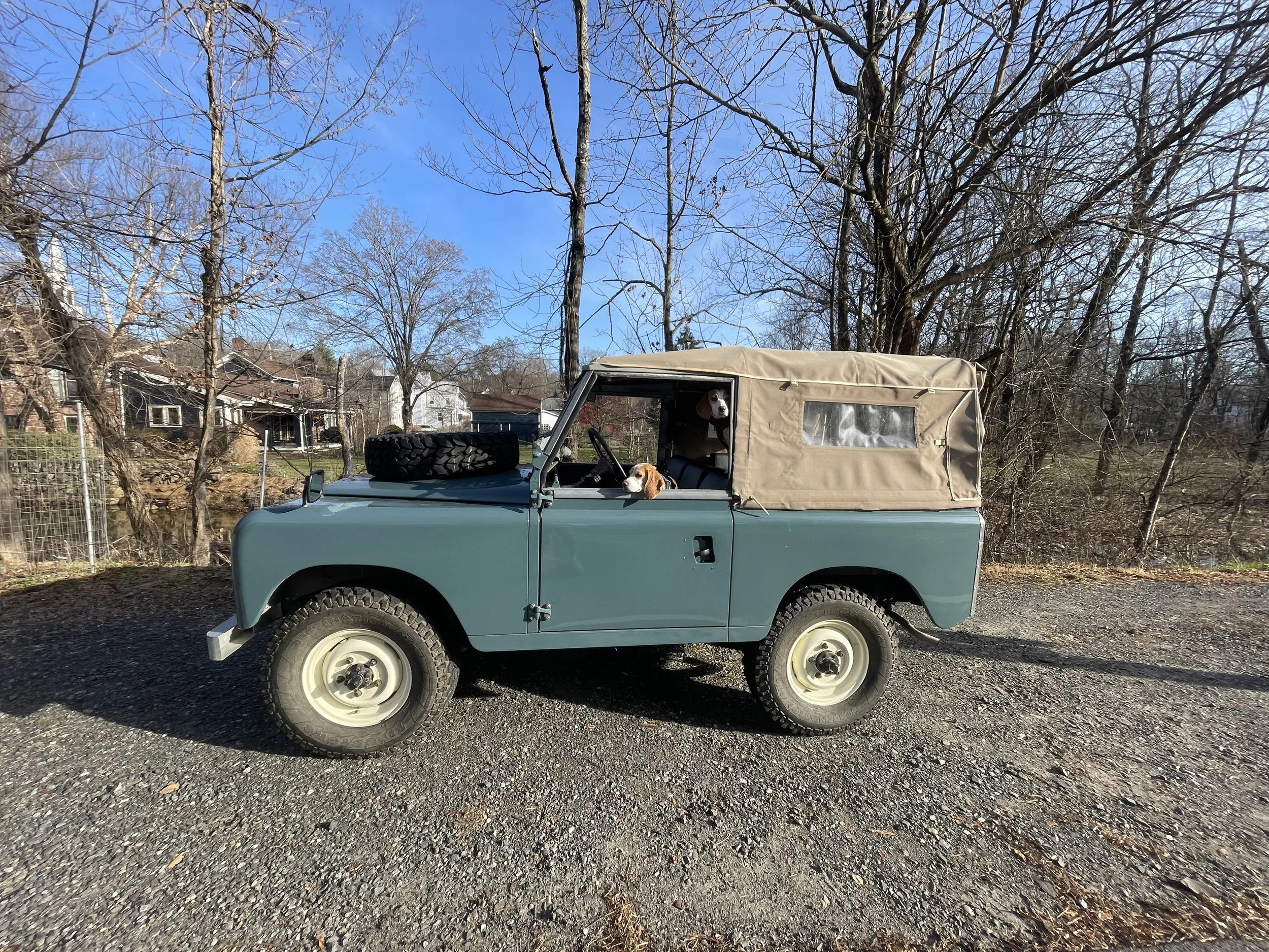 A vintage light blue off-road vehicle with a beige canvas cover over the back, parked on a gravel surface. Two dogs are seen inside the vehicle, one looking out from the driver's side window and another peeking through the back opening. The backgroun