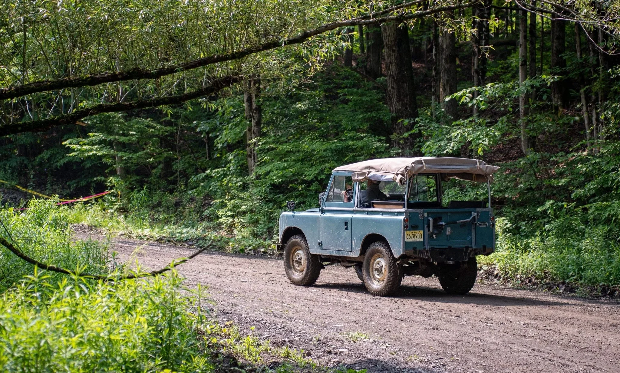 A blue off-road vehicle driving on a dirt road through a lush green forest with tall trees and dense foliage.