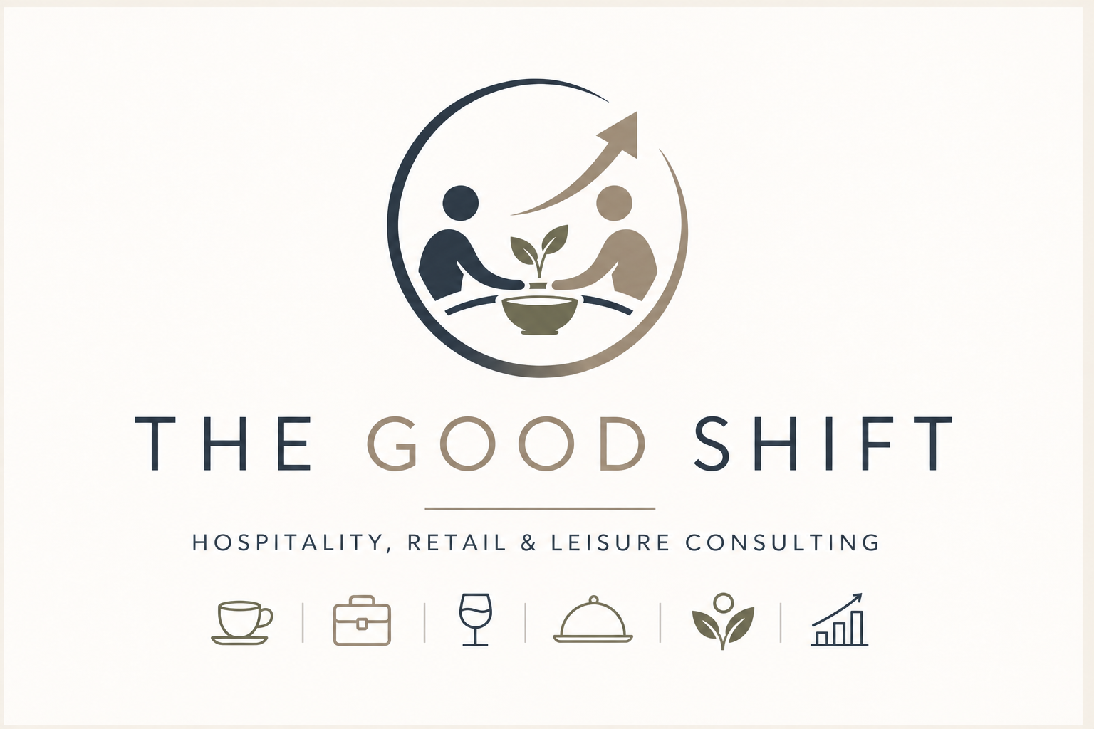 Logo for The Good Shift, a hospitality, retail, and leisure consulting business. The logo features a circular design with two figures exchanging a small plant, a upward arrow, and various icons including a coffee cup, briefcase, wine glass, serving tray, leaf, and rising bar chart.