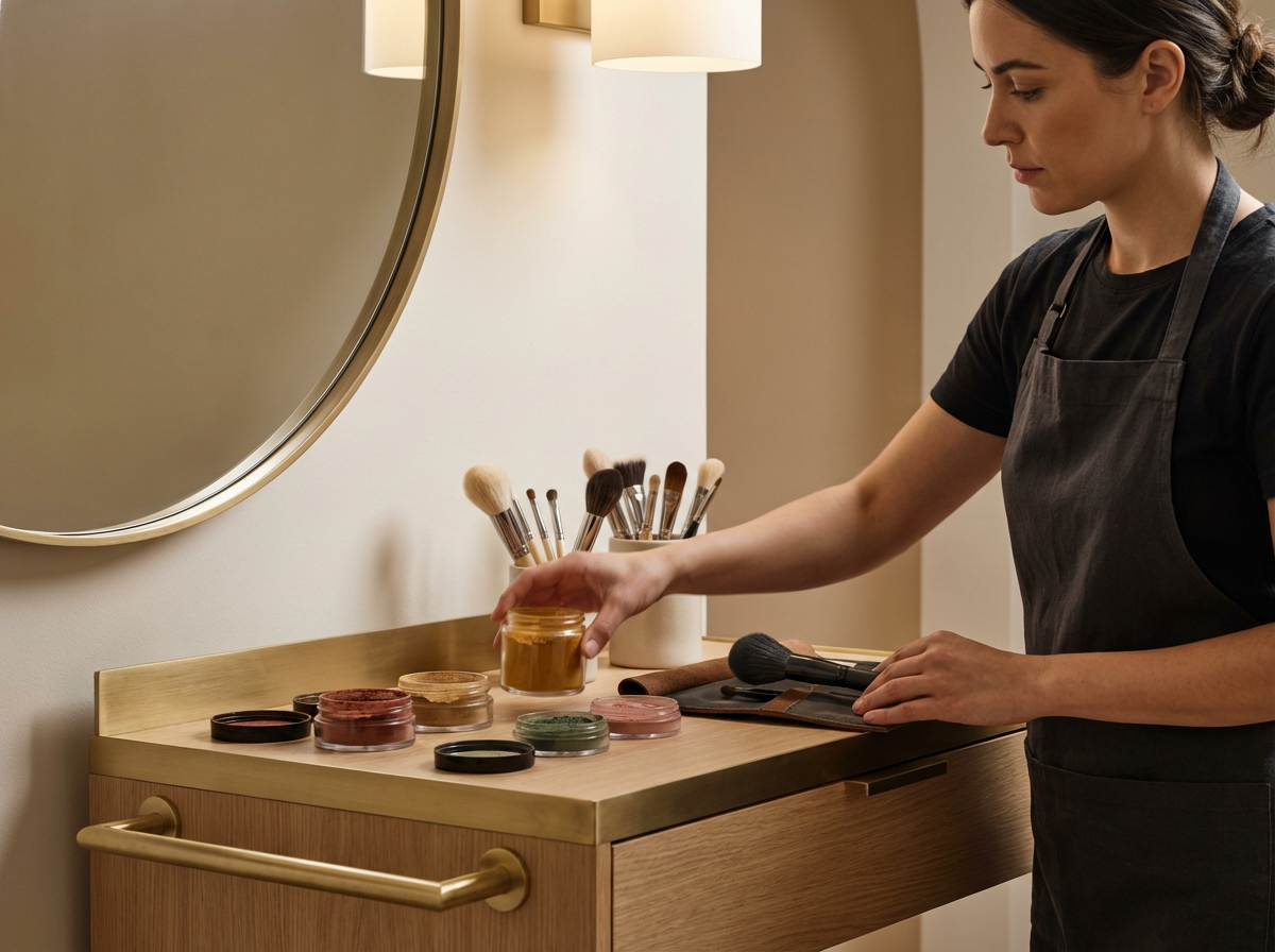 A woman in black shirt and apron organizing makeup or skincare products on a wooden dresser.
