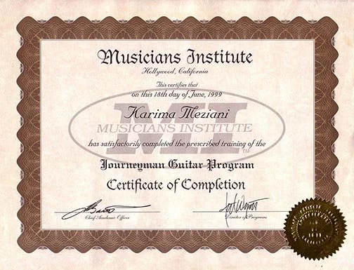 Urkunde vom Musicians Institute in Hollywood, California, für Karima Meziani, ausgestellt am 16. Juni 1999, für erfolgreiche Teilnahme am Journeyman Guitar Program.