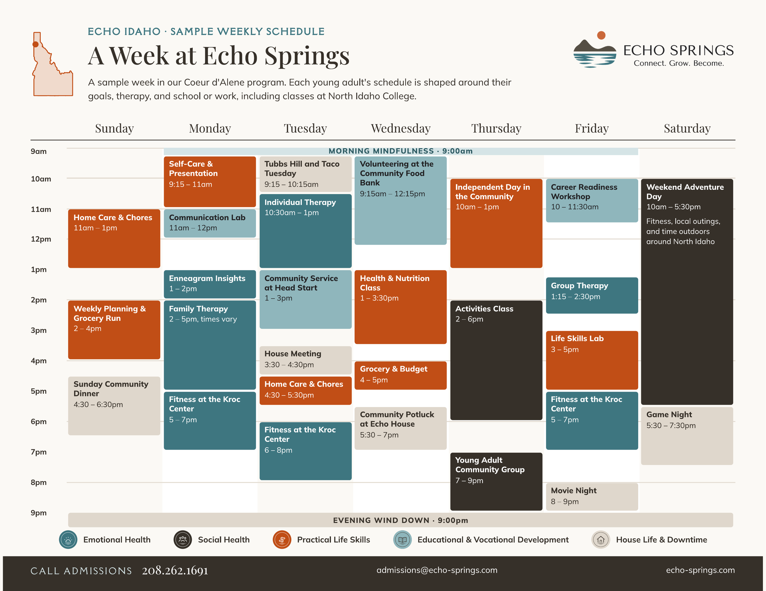 Sample weekly schedule for the Echo Idaho program in Coeur d'Alene