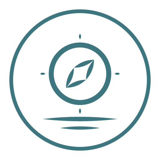 Minimalist compass icon with a central leaf shape, surrounded by circular rings and directional markers.