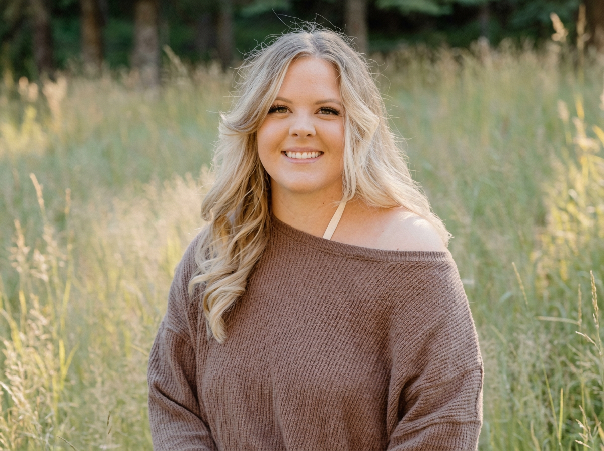 A young woman with blonde wavy hair, smiling, standing outdoors in a field of tall grass during the daytime.