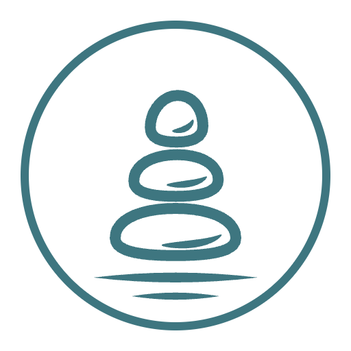 Simple line drawing of stacked stones, with one on top of another, inside a circle. The stones are uneven in shape.