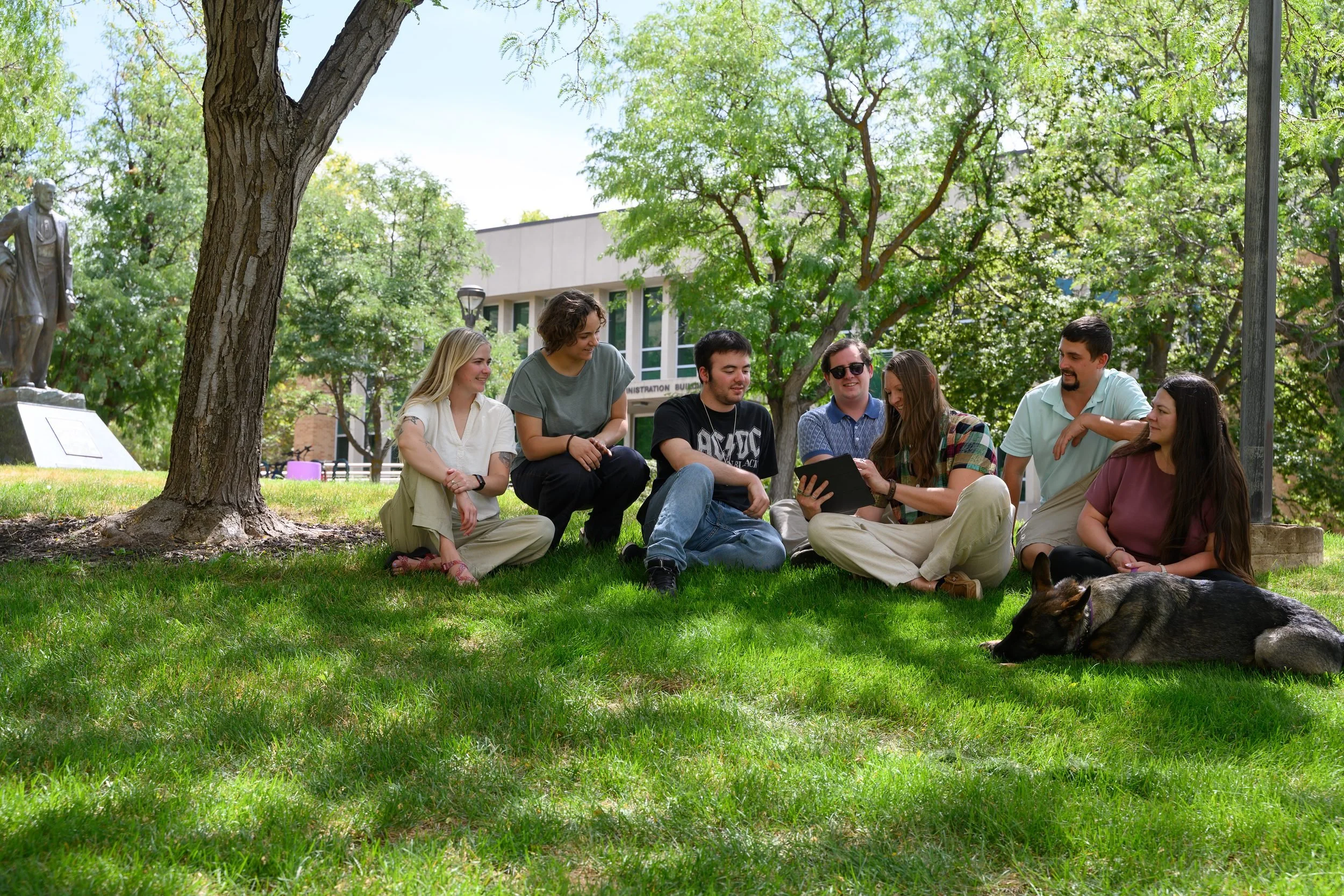 A group of seven young adults sitting on the grass and socializing outdoors under a large tree, with a building in the background and a dog lying nearby.