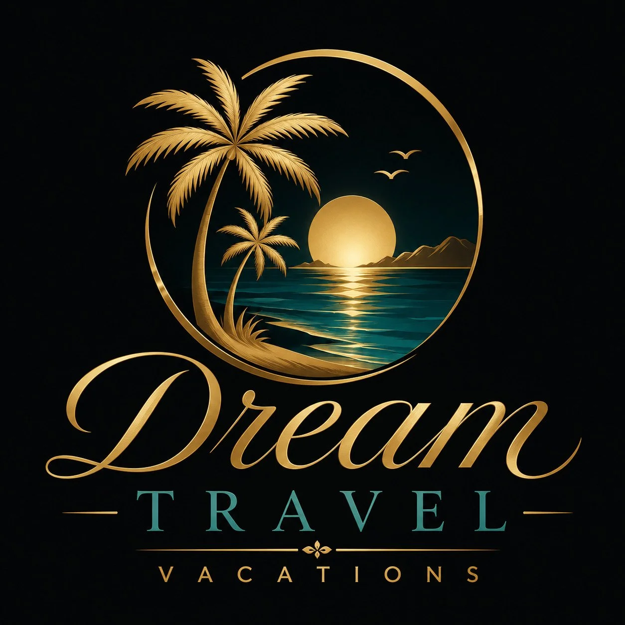 Gold-colored logo of a tropical beach scene with palm trees, a setting sun, mountains, and seagulls, with the words "Dream Travel Vacations" beneath.