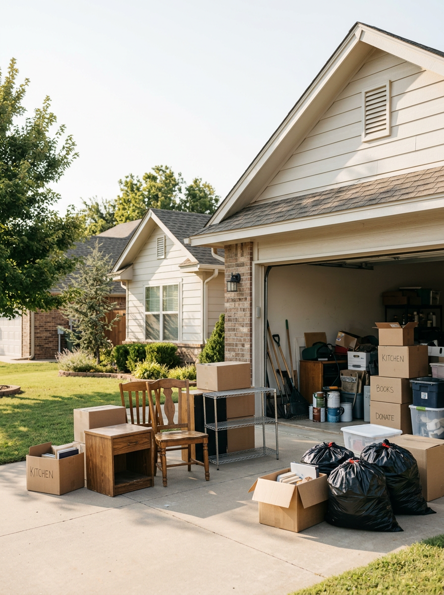 Garage filled with boxes and bags for donation, yard sale, or organization, with items labeled 'kitchen,' 'books,' and 'donate,' outside a suburban house on a sunny day.