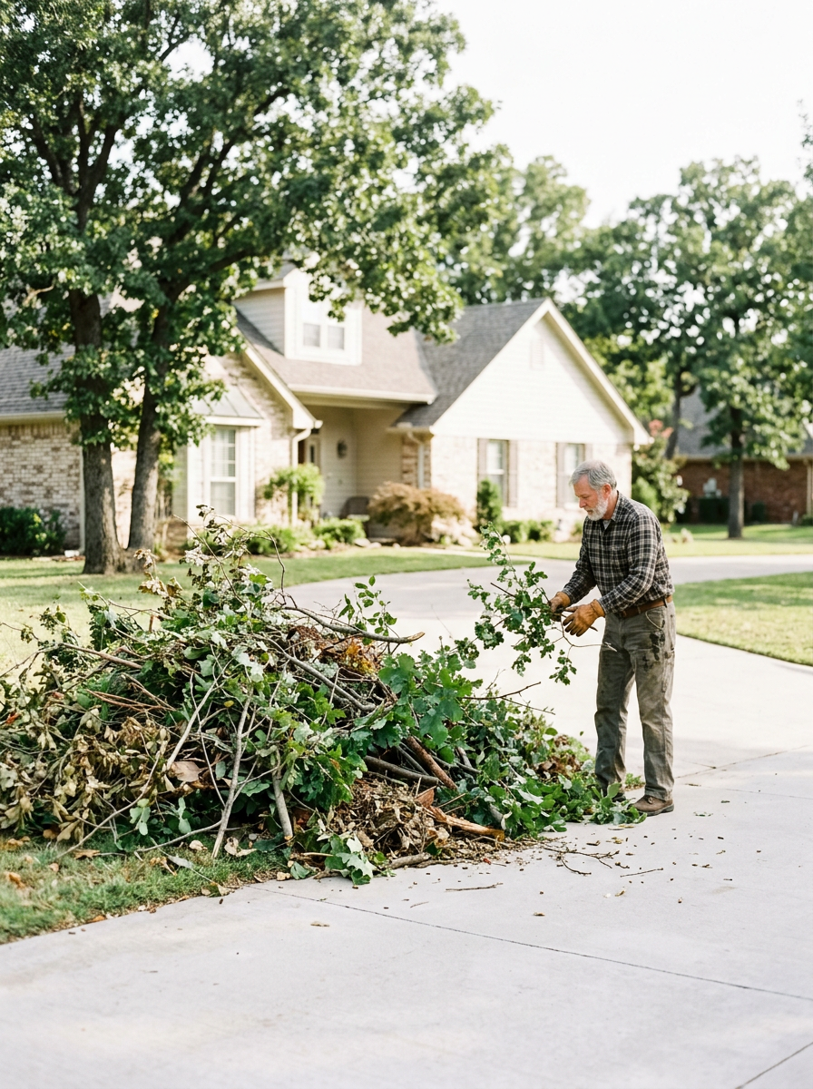 An elderly man with gray hair and a beard wearing gloves, a plaid shirt, and jeans, raking a pile of fallen branches and leaves in a suburban front yard during daytime.