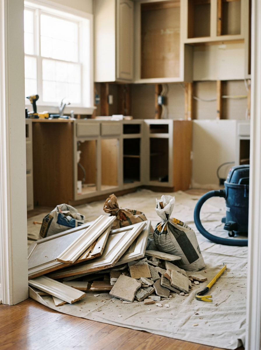 Kitchen under renovation with construction tools and debris on the floor, partially finished cabinets, and a vacuum cleaner.