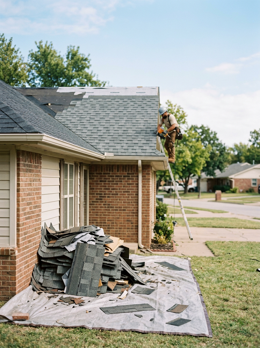 A worker installing new roofing shingles on a house with a pile of shingles and materials on the ground