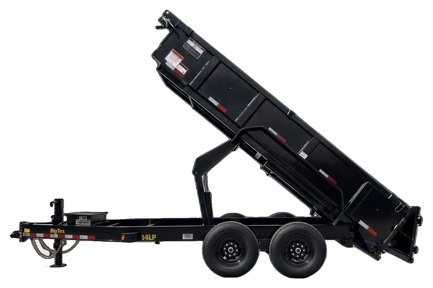 Black dump trailer with raised bed, two axles, and safety chains on a black background.