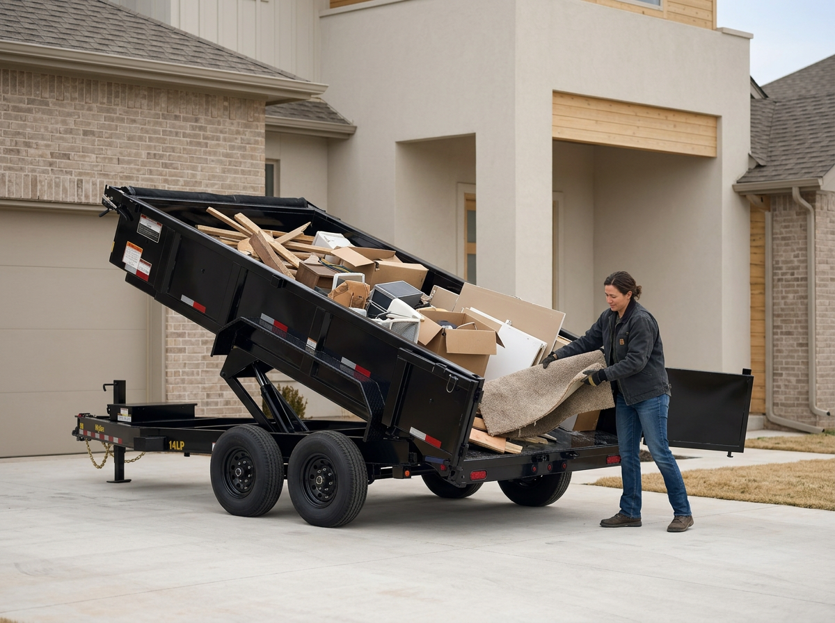 A woman loading discarded household items and furniture into a black trailer in front of a modern house under construction.