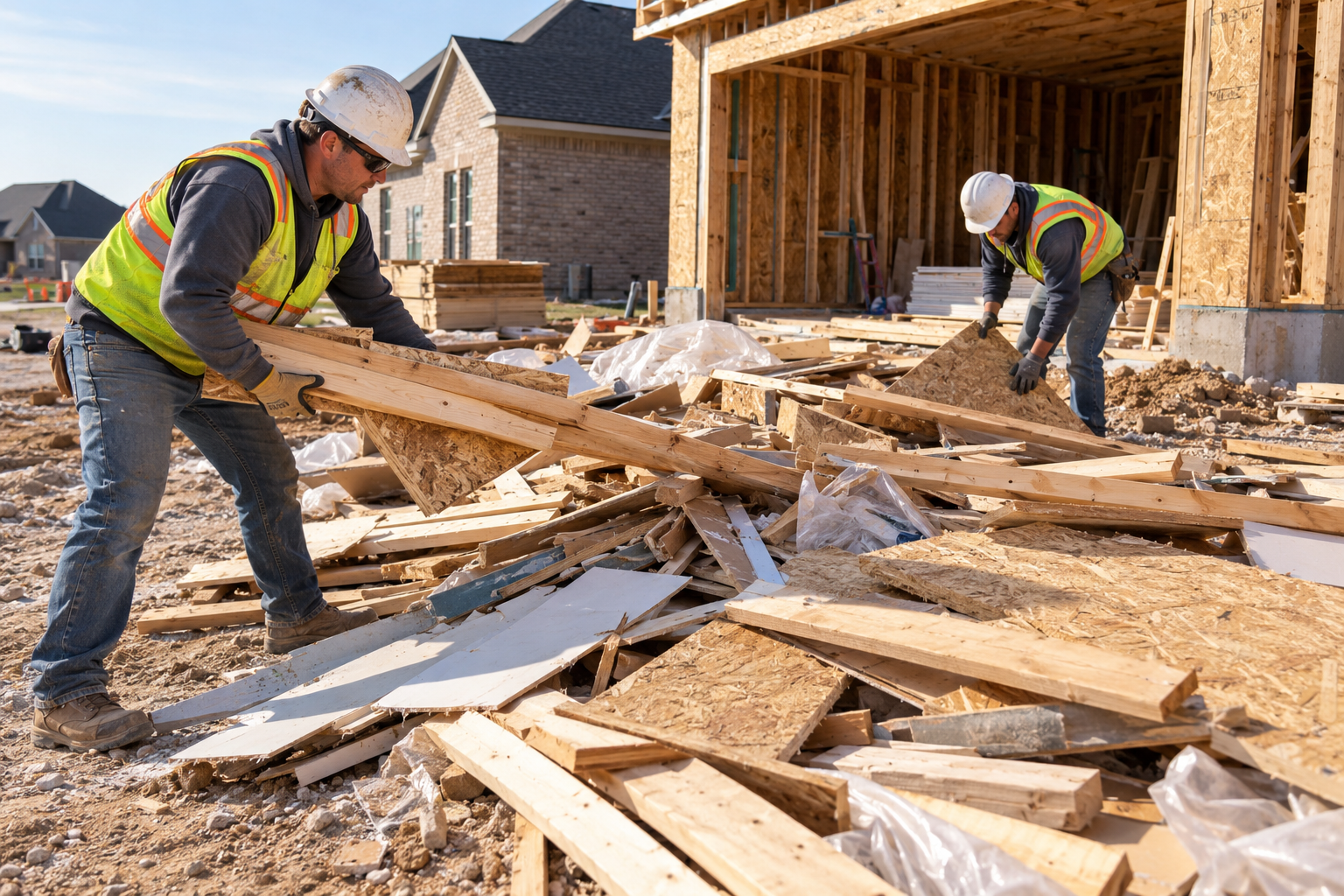 Construction crew clearing wood debris at a Tulsa-area job site.