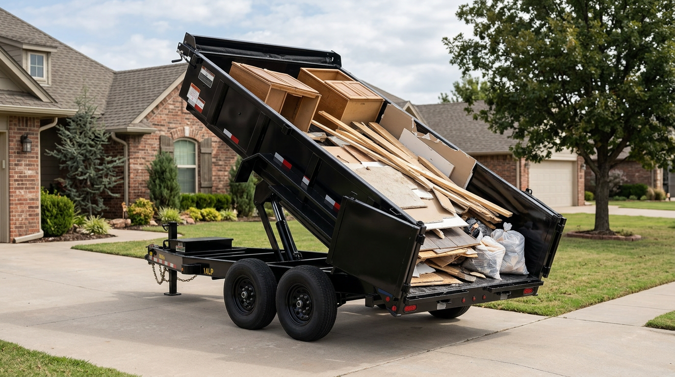 A black dumping trailer filled with various pieces of wood and some bags, parked on a driveway in front of a suburban house.