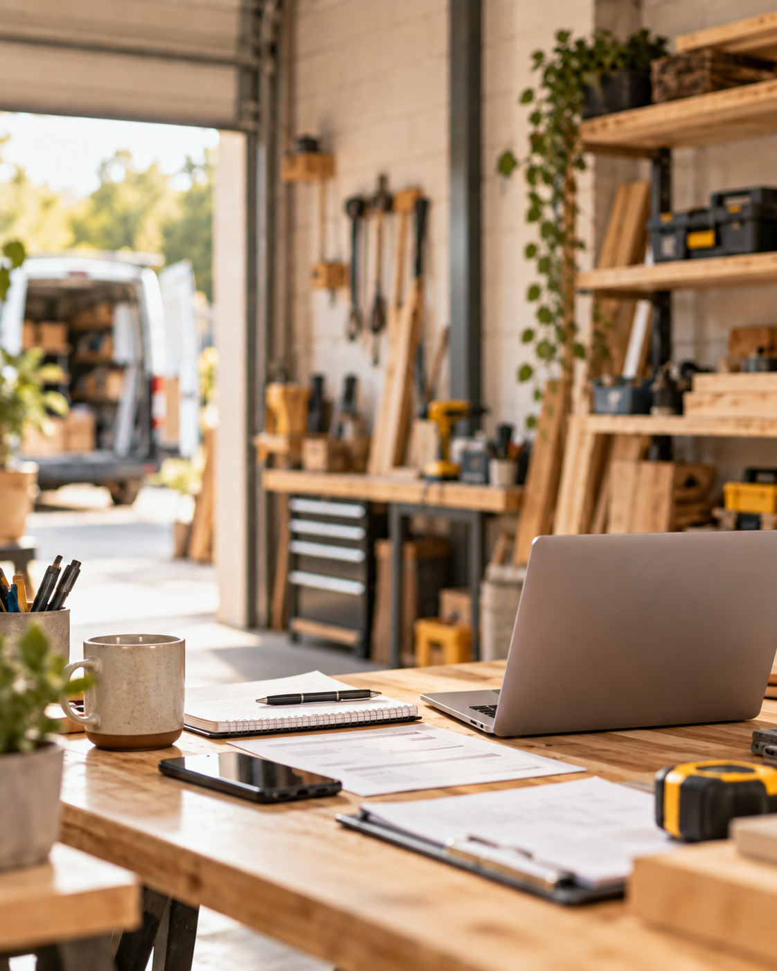 A woodworking workshop with a workbench, tools, and shelves with supplies inside a garage or shed, with an open door showing a sunny outdoor area.