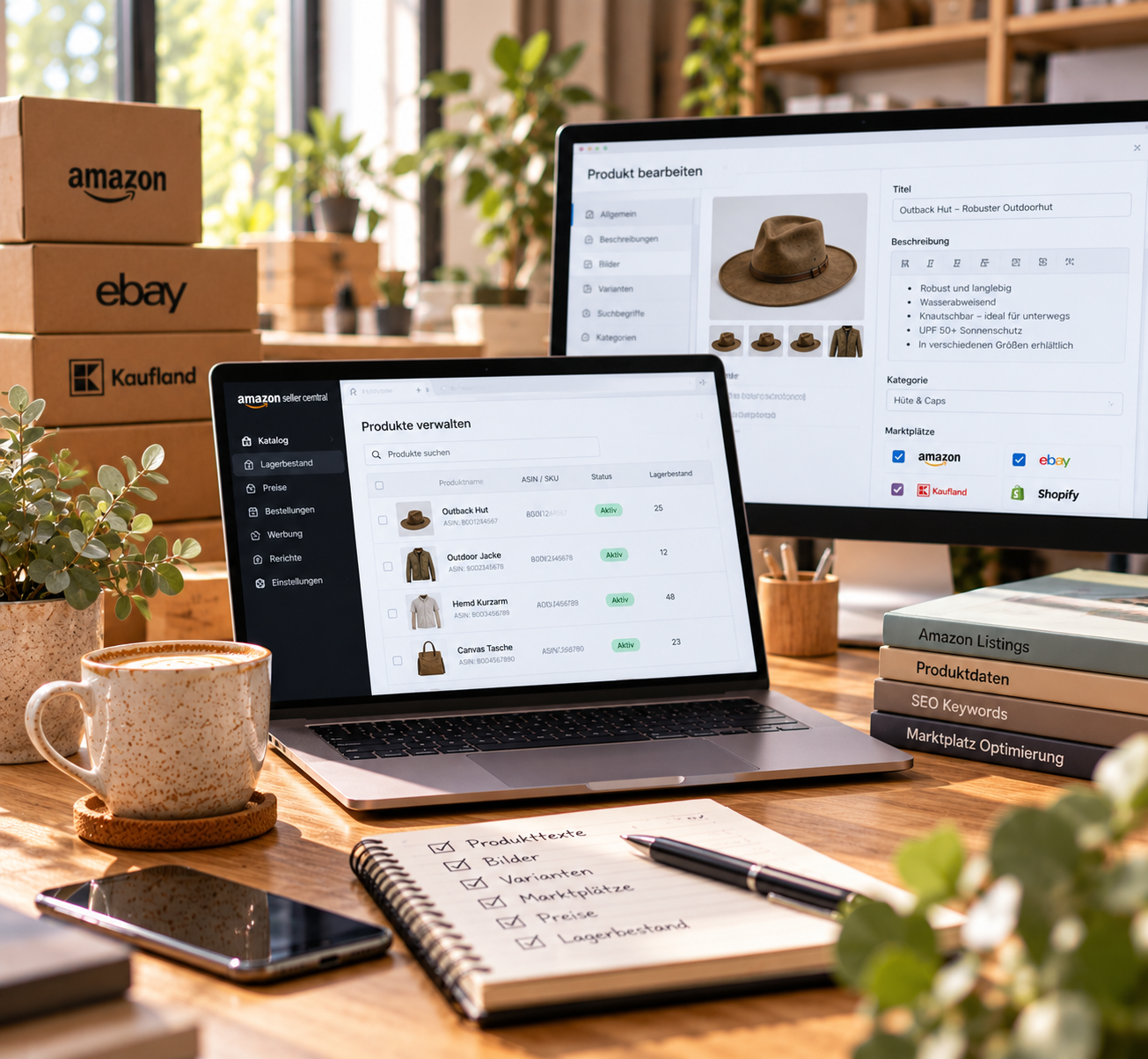 Workspace with two laptops displaying Amazon seller dashboards, a paper with checkboxes for product management, a ceramic coffee mug, a phone, plants, stacked books, and Amazon boxes in background.