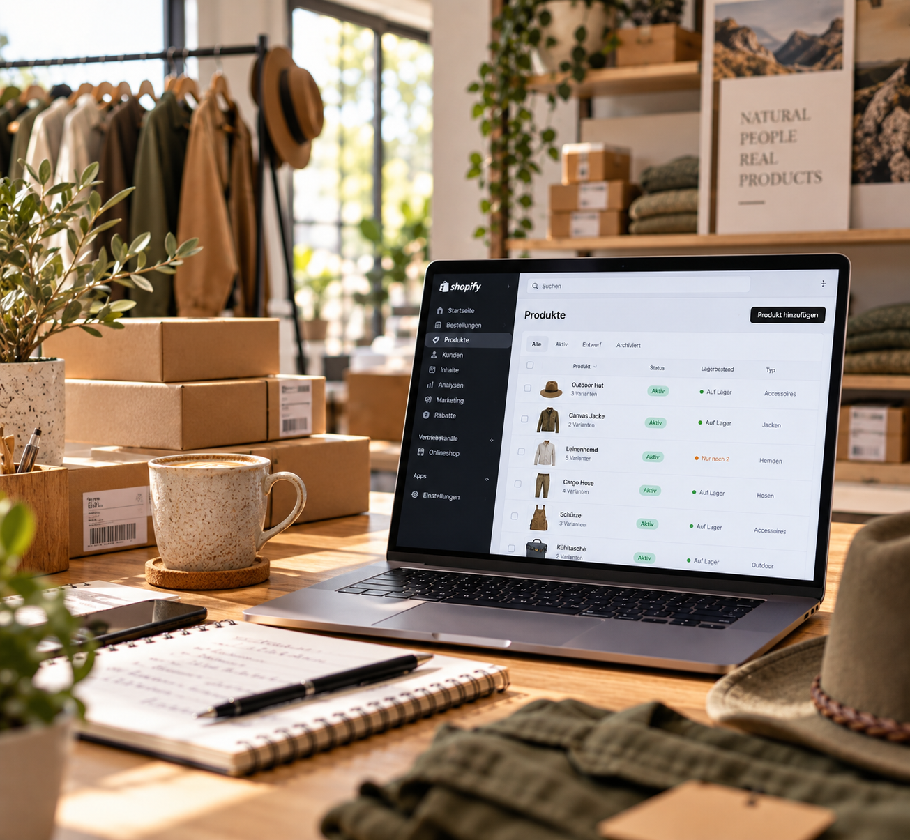 Laptop on a wooden table displays Shopify product management interface, surrounded by boxes, notebook, pen, mug, hat, and plant in a cozy retail store with clothing racks and shelves.