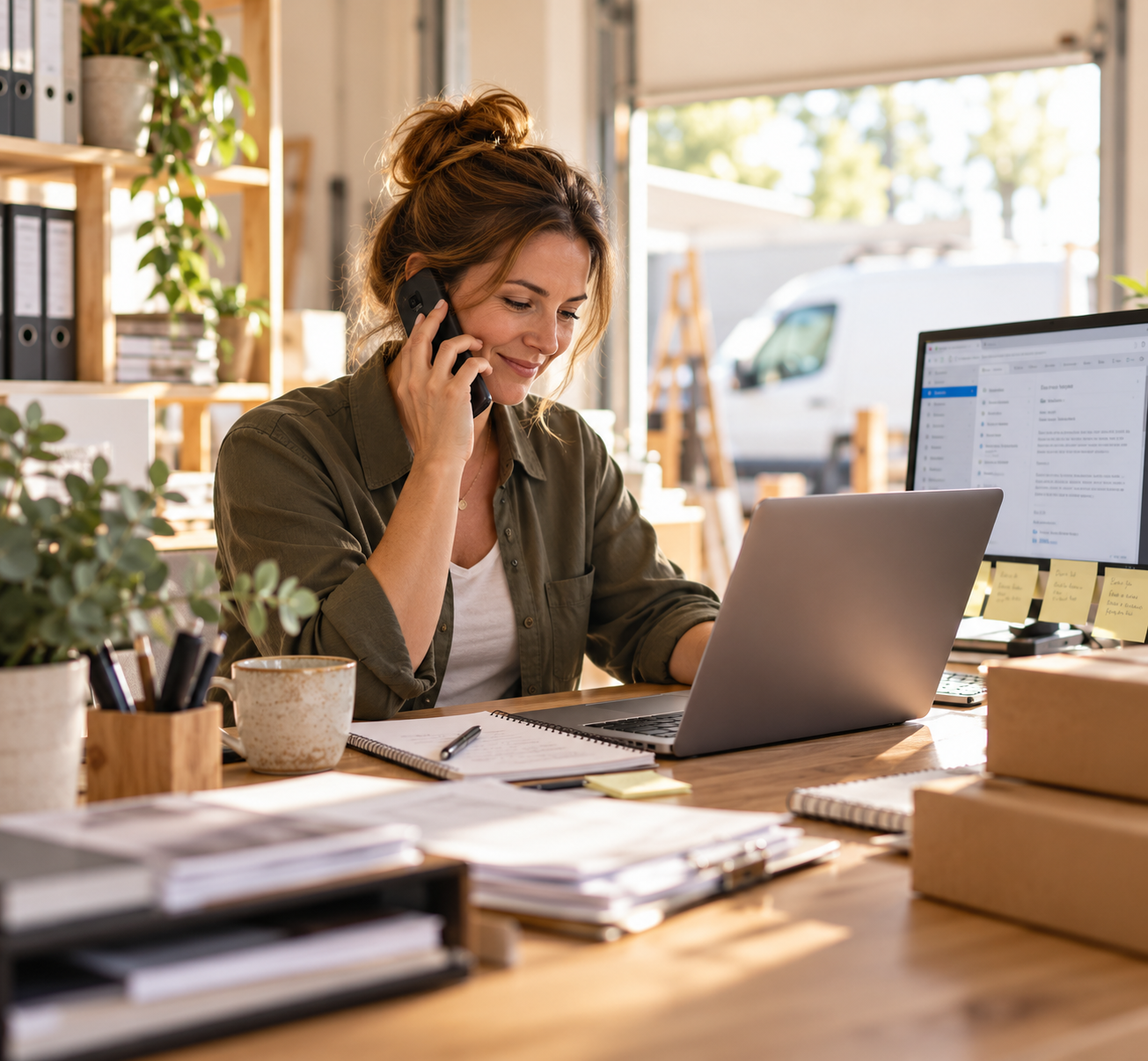 A woman sitting at a desk in an office, talking on a landline phone, with a laptop, notebooks, and office supplies around her. She is smiling and working.