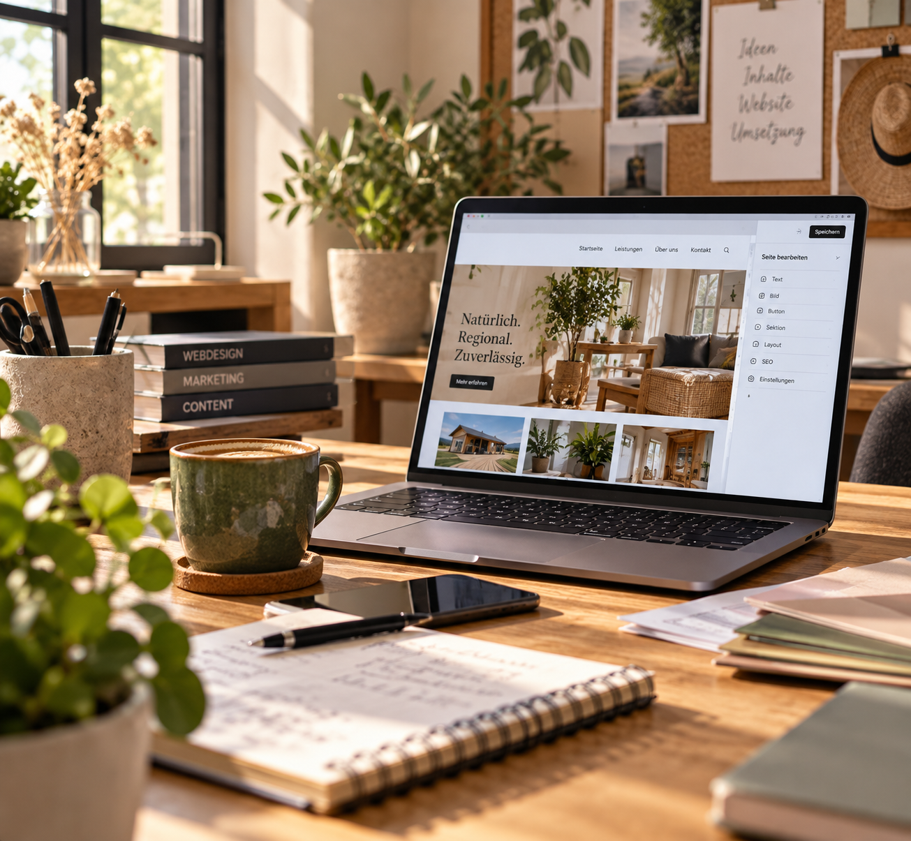 A workspace with a laptop displaying a website about interior design surrounded by notebooks, a coffee mug, a smartphone, and various documents on a wooden table, with plants and a corkboard on the wall in the background.