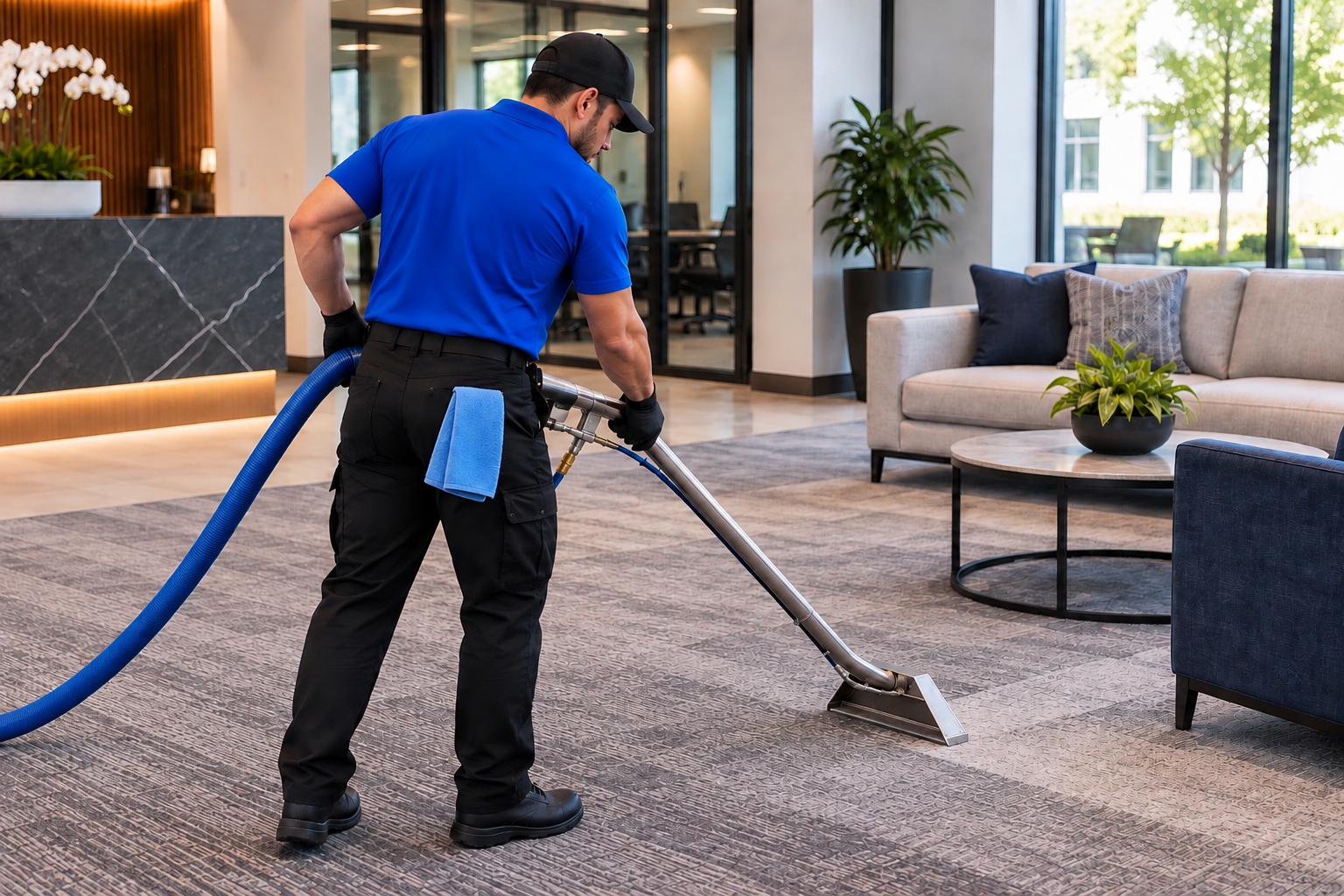 Full Clean professional performing commercial carpet cleaning and hot water extraction in San Diego.