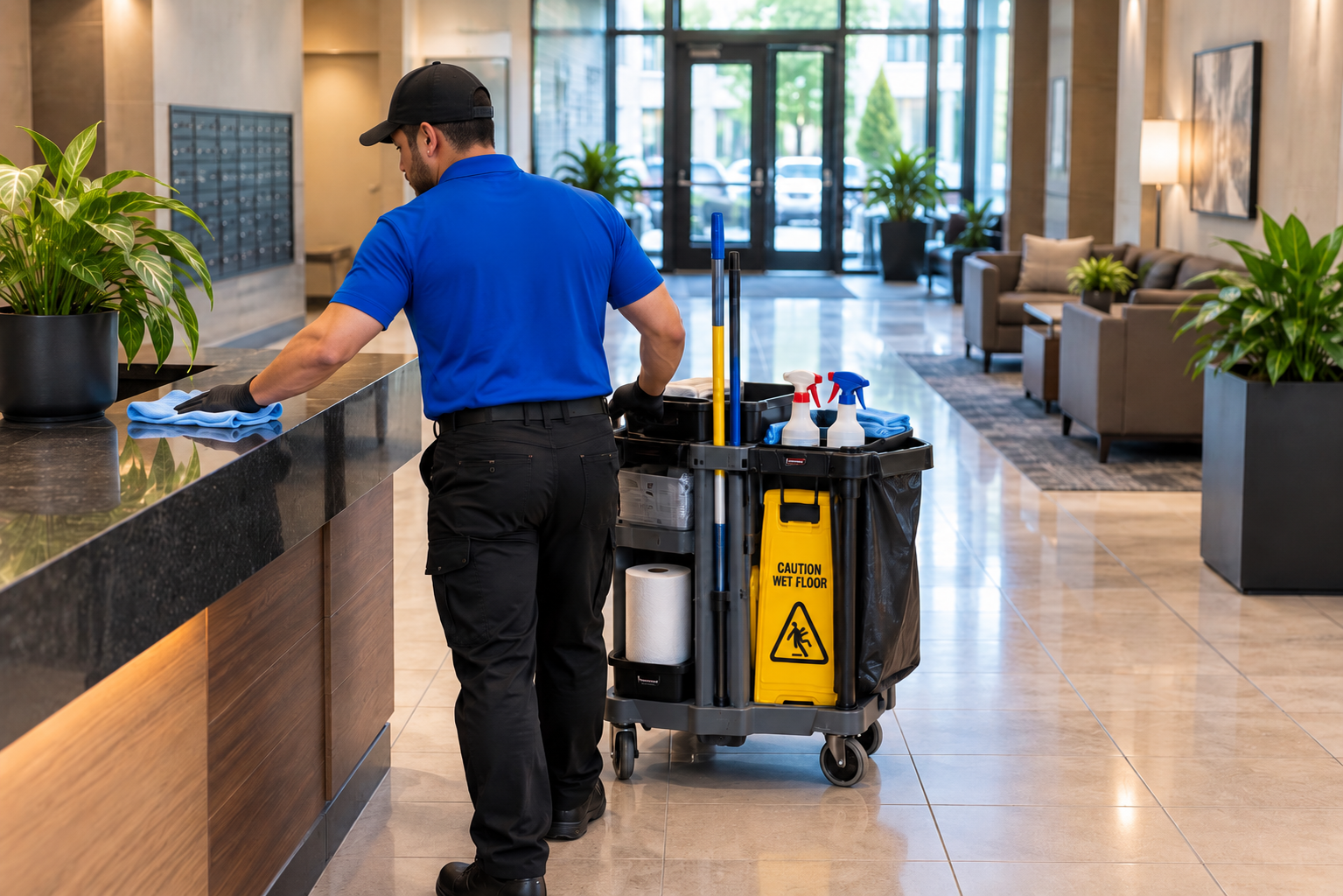 Full Clean day porter providing ongoing cleaning for apartment community common areas in San Diego.