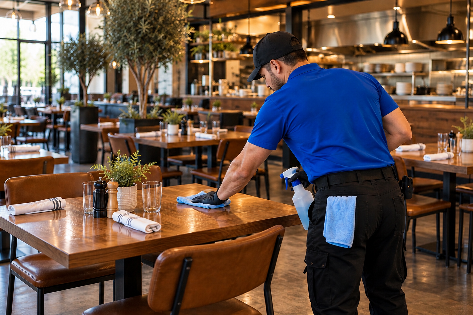 Full Clean professional cleaning tables and dining areas at a restaurant in San Diego.