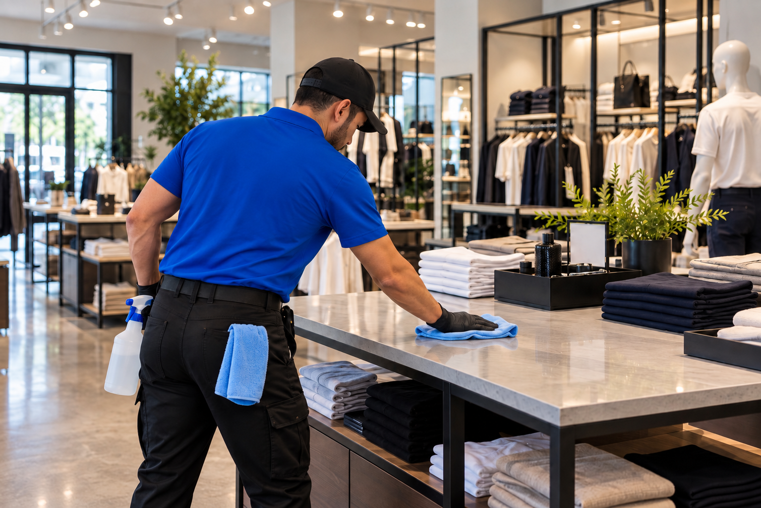 Full Clean professional providing commercial cleaning services in a San Diego retail store.