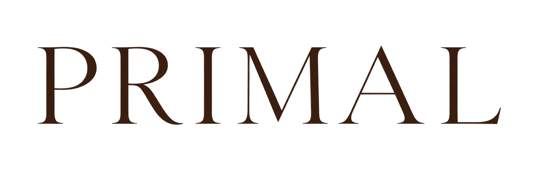 The PRIMAL logo in large, elegant, dark brown lettering on a black background.
