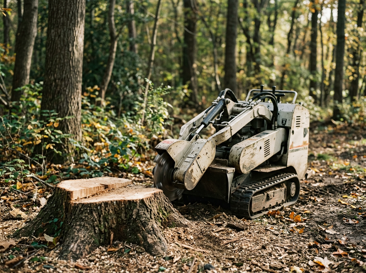 A small robotic tree-cutting machine on tracks chopping down a tree in a forest, with a tree stump and leaves on the ground.