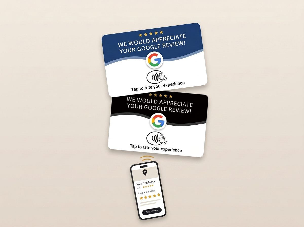 Two cards encouraging Google reviews with a smartphone below showing a review interface.