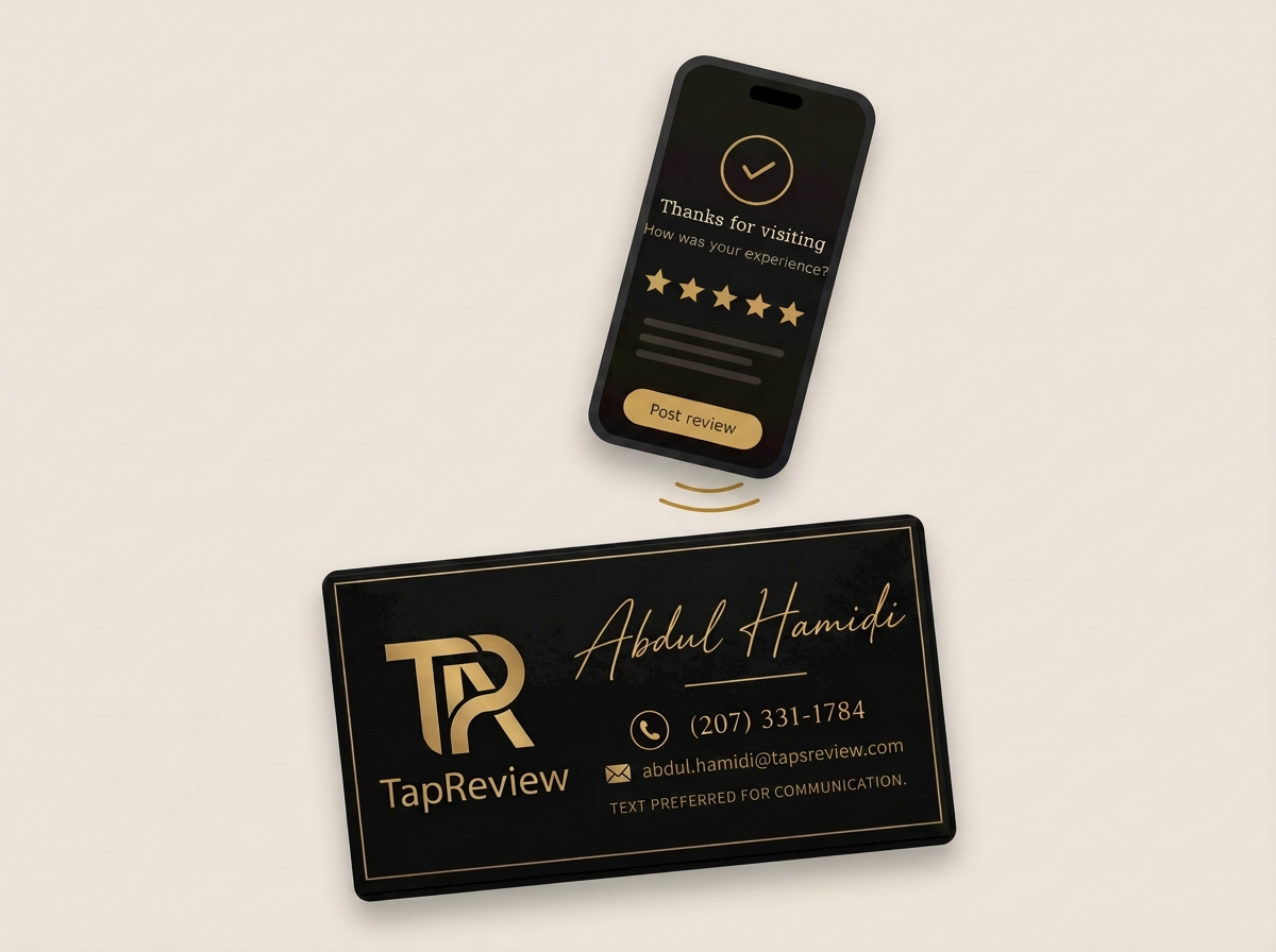 A black business card with gold lettering for Abdul Hamidi from TapReview, featuring contact information, and a smartphone showing a thank you message after leaving a five-star review.